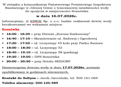 WAŻNE: Komunikat w sprawie dowozu wody dla miejscowości Sosnówka (16.07.2026 r.)