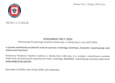 Komunikat: Woda z wodociągu „Sosnówka” nadaje się do spożycia