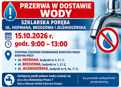PRZERWA W DOSTAWIE WODY – SZKLARSKA PORĘBA, UL. HOFMANA, BRZOZOWA I JELENIOGÓRSKA – 15.10.2026 R., GODZ. 9:00–13:00
