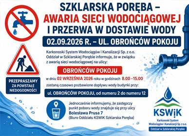SZKLARSKA PORĘBA – AWARIA SIECI WODOCIĄGOWEJ I PRZERWA W DOSTAWIE WODY 02.09.2026 R. – UL. OBROŃCÓW POKOJU