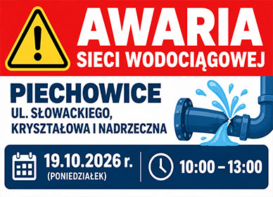 AWARIA SIECI WODOCIĄGOWEJ – PIECHOWICE, UL. SŁOWACKIEGO, KRYSZTAŁOWA I NADRZECZNA – 19.10.2026 R., GODZ. 10:00–13:00