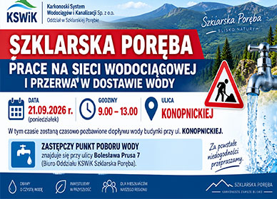 SZKLARSKA PORĘBA – PRACE NA SIECI WODOCIĄGOWEJ I PRZERWA W DOSTAWIE WODY 21.09.2026 R. – UL. KONOPNICKIEJ