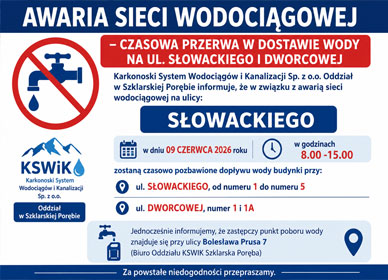 AWARIA SIECI WODOCIĄGOWEJ – CZASOWA PRZERWA W DOSTAWIE WODY NA UL. SŁOWACKIEGO I DWORCOWEJ