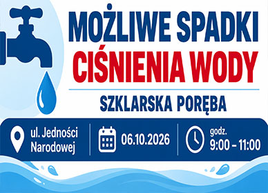 Możliwe spadki ciśnienia wody – Szklarska Poręba, ul. Jedności Narodowej – 06.10.2026