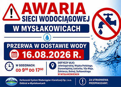 AWARIA SIECI WODOCIĄGOWEJ W MYSŁAKOWICACH – PRZERWA W DOSTAWIE WODY 16.08.2026 R.