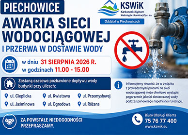 PIECHOWICE – AWARIA SIECI WODOCIĄGOWEJ I PRZERWA W DOSTAWIE WODY 31.08.2026 R. – UL. PRZEMYSŁOWA I OKOLICE