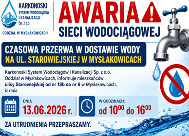AWARIA SIECI WODOCIĄGOWEJ – CZASOWA PRZERWA W DOSTAWIE WODY NA UL. STAROWIEJSKIEJ W MYSŁAKOWICACH