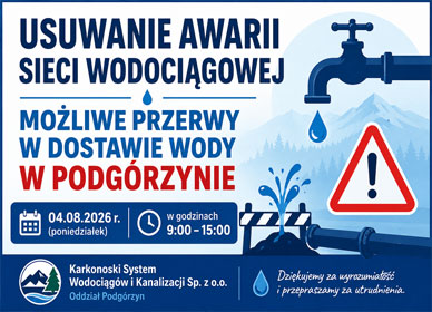 USUWANIE AWARII SIECI WODOCIĄGOWEJ – MOŻLIWE PRZERWY W DOSTAWIE WODY W PODGÓRZYNIE