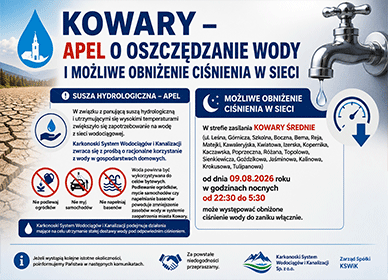 KOWARY – APEL O OSZCZĘDZANIE WODY I MOŻLIWE OBNIŻENIE CIŚNIENIA W SIECI