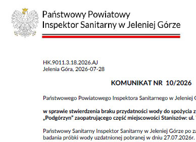 Komunikat Sanepidu – brak przydatności wody do spożycia w części Staniszowa