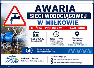 WARIA SIECI WODOCIĄGOWEJ W MIŁKOWIE – MOŻLIWE PRZERWY W DOSTAWIE WODY