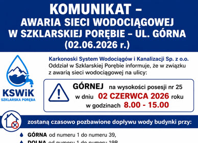 KOMUNIKAT – AWARIA SIECI WODOCIĄGOWEJ W SZKLARSKIEJ PORĘBIE – UL. GÓRNA (02.06.2026 r.)